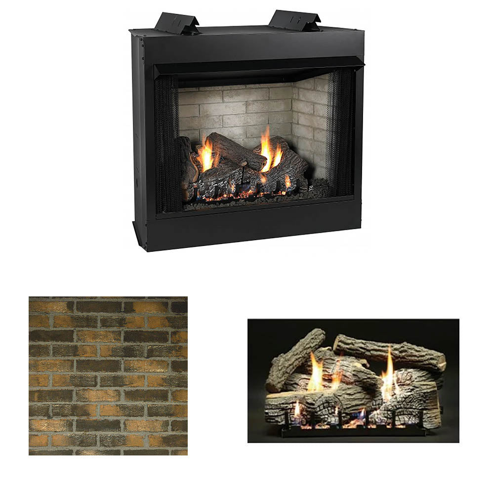 Black ventless gas firebox with glass viewing window and bright flames in logs