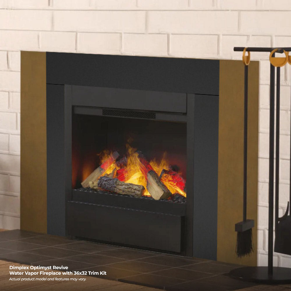 Water vapor fireplace with dark frame and flame effect in the firebox