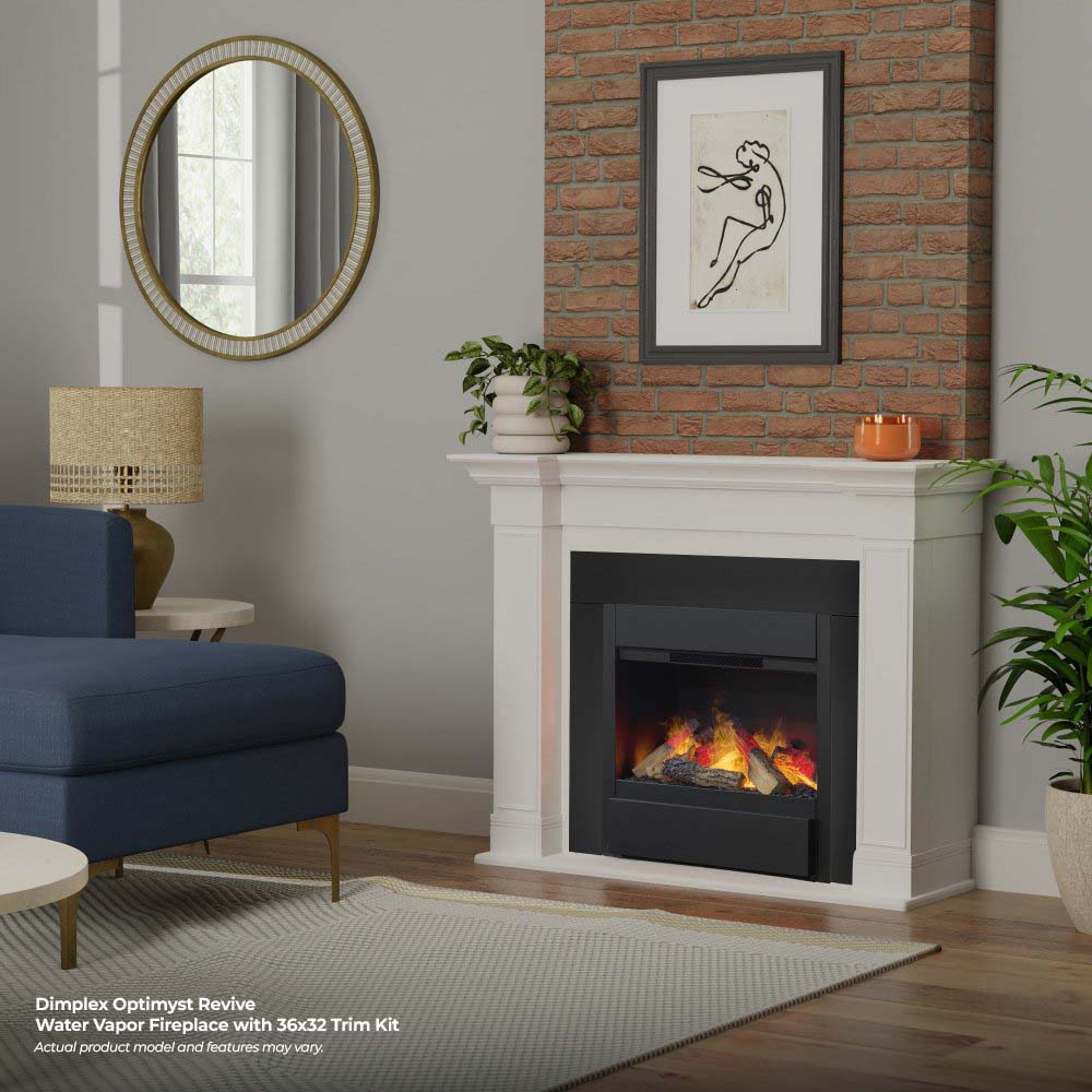 Water vapor fireplace with dark insert inside a white mantel surround