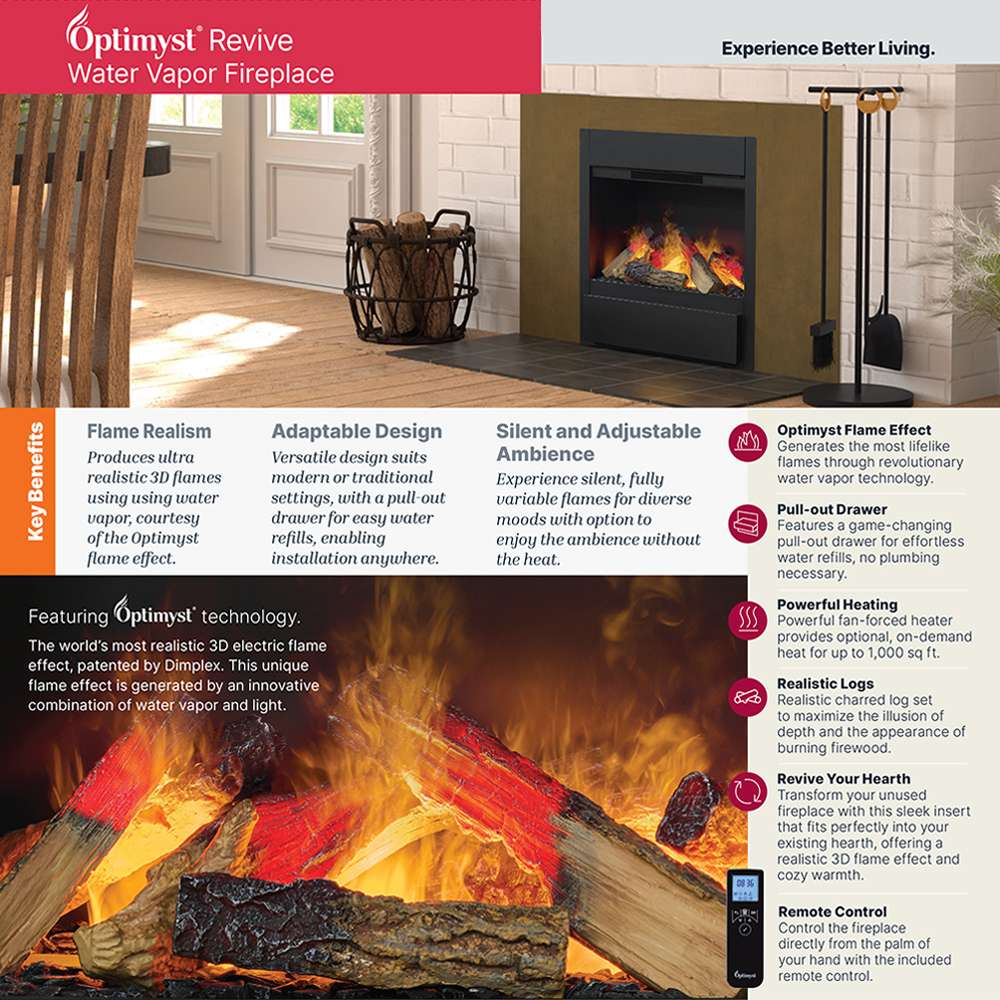 Water vapor fireplace flame effect with feature graphic panel