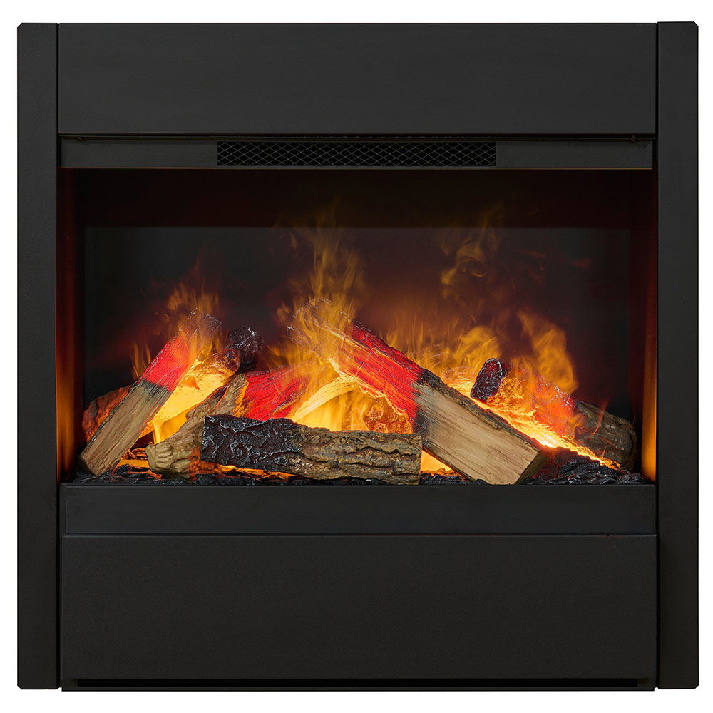 Black water vapor fireplace showing flame-effect logs and bright ember glow