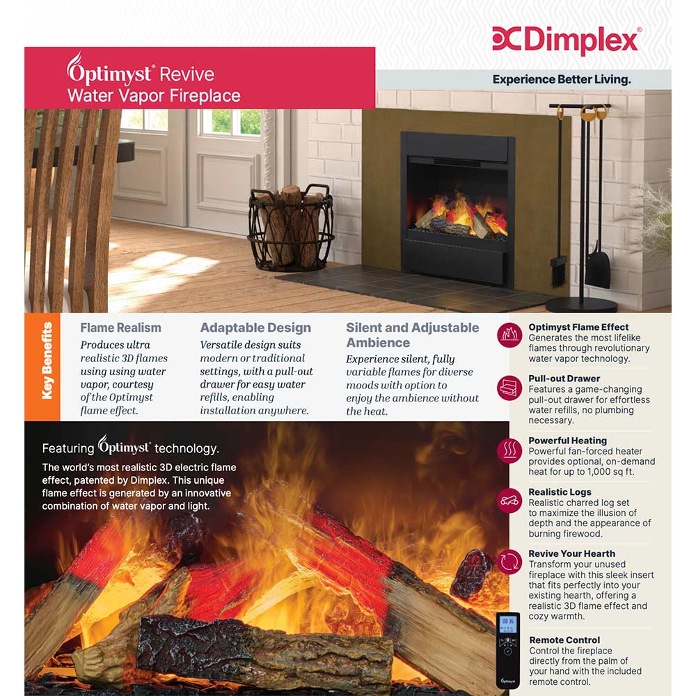 Black water vapor fireplace with illuminated log bed in a living room setting