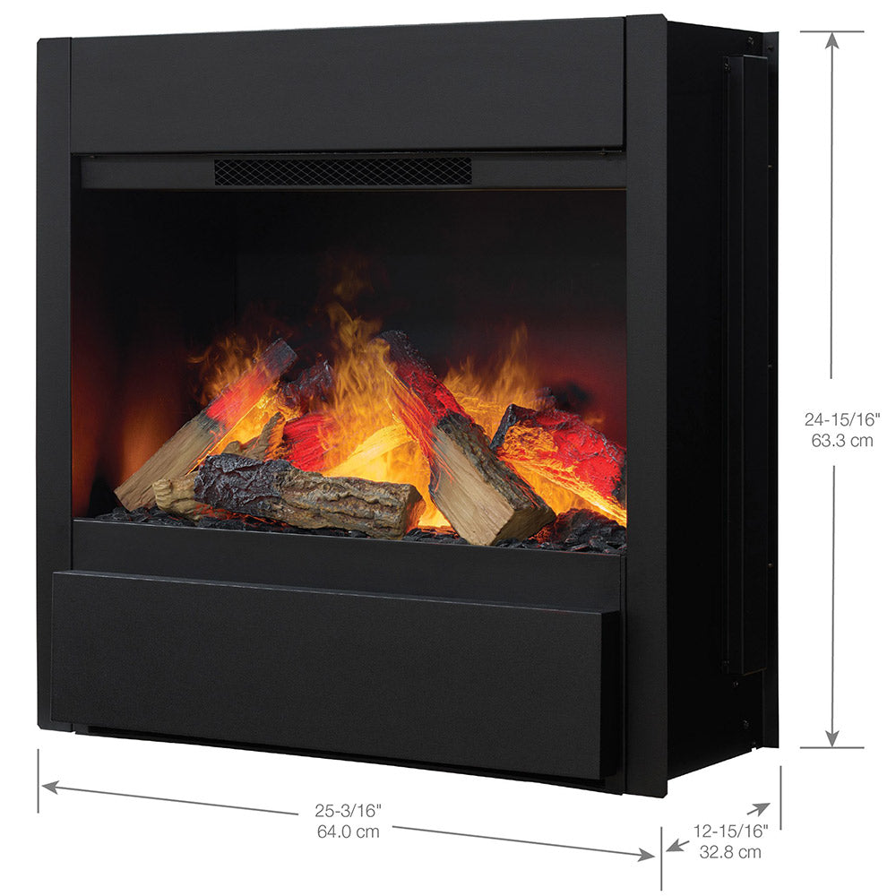 Black Dimplex water vapor fireplace with glowing log set in front view