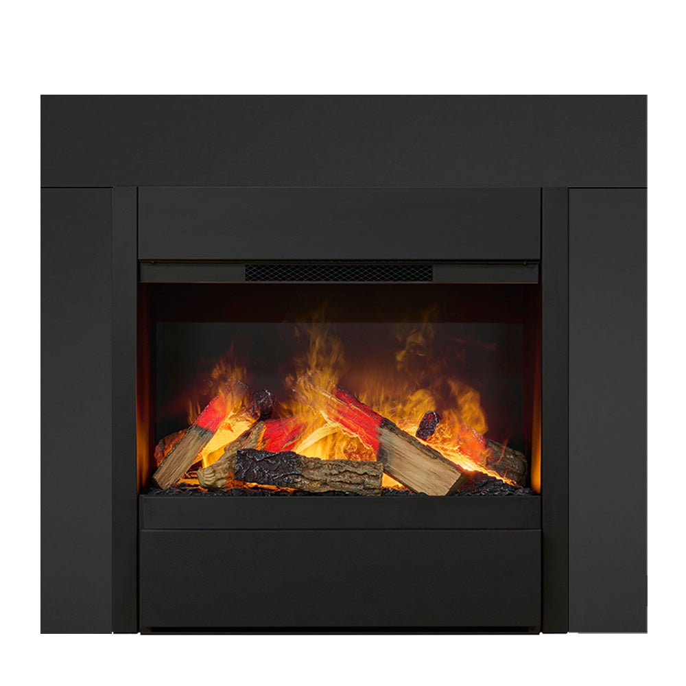 Black water vapor fireplace insert with log-style flames and dark trim surround