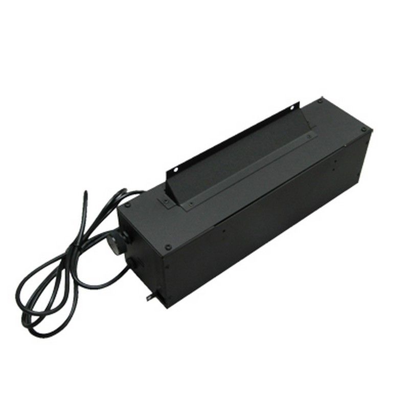 Black rectangular wood stove blower fan with attached power wires and control unit