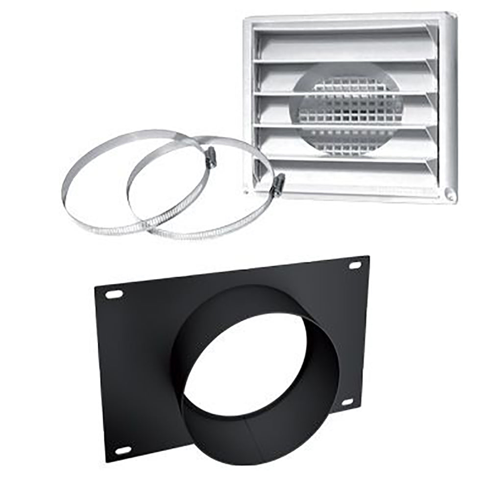 Osburn fresh air intake kit: black mounting plate with circular opening and flexible duct