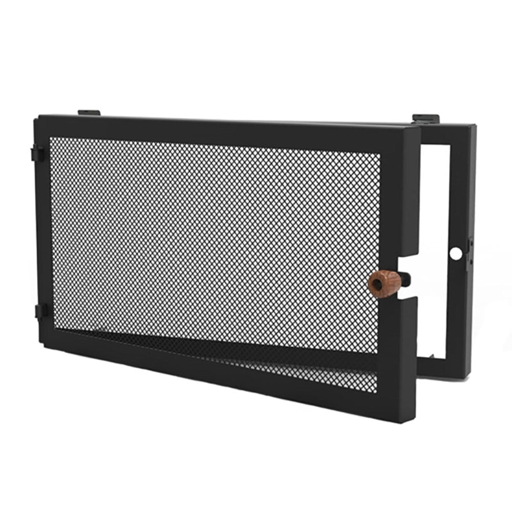 Black fire screen with mesh panel and side frame, hinged with wooden handle