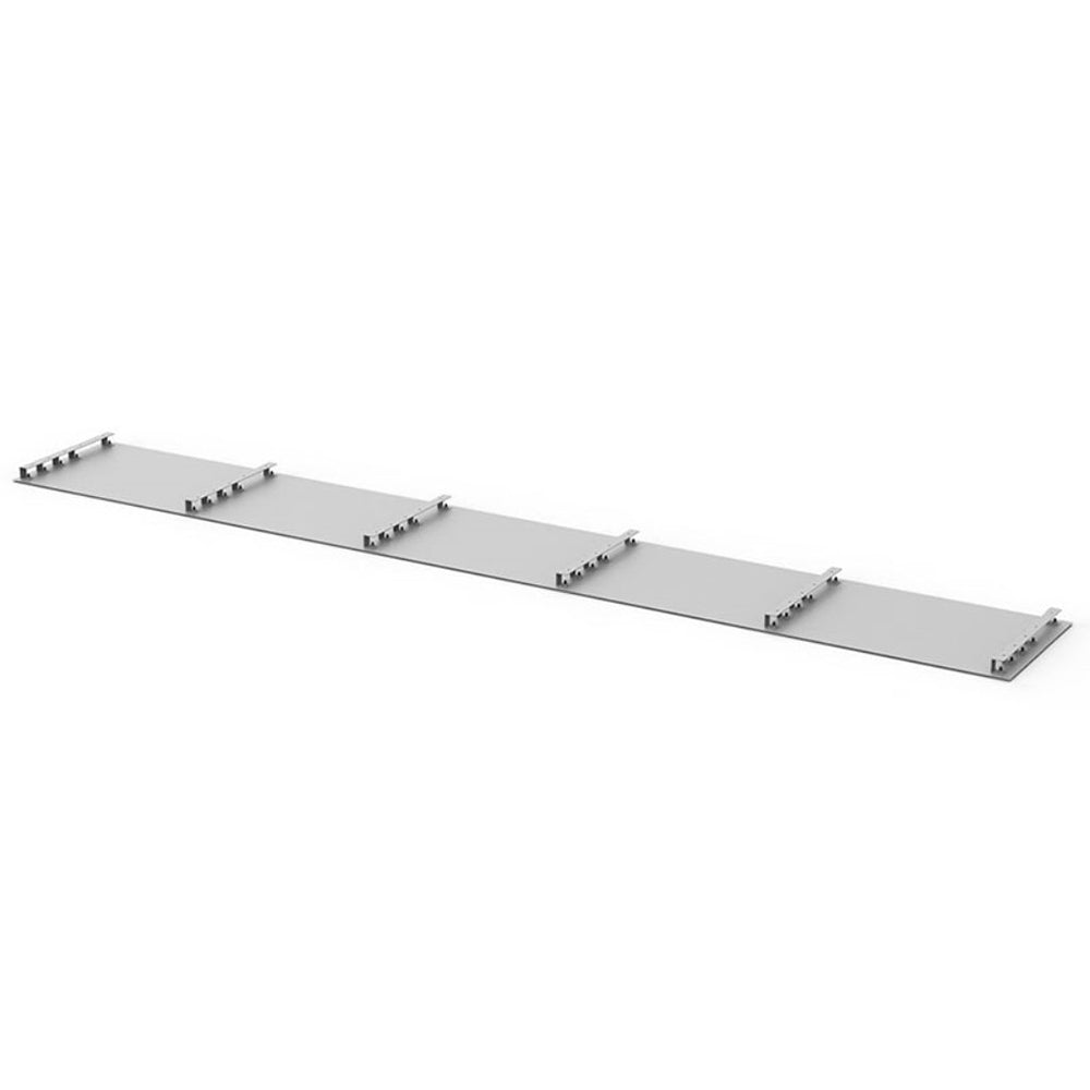 Metal heat shield shelf panels with raised edges and mounting tabs