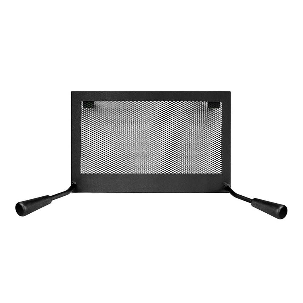 Black metal fire screen with mesh panel and side handles for a wood stove