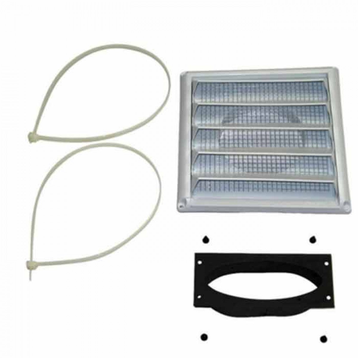 Wood stove fresh air intake kit with metal vent, black adapter plate, and two hoses