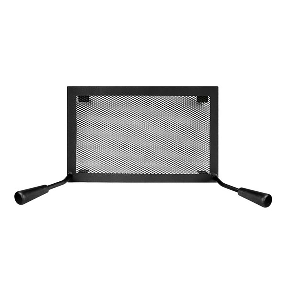 Black wood stove fire screen with mesh panel and two side handles