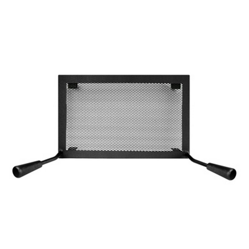 Black metal fire screen with mesh panel and two curved pull handles