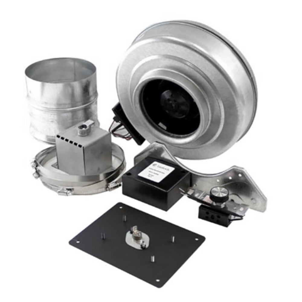 Metal forced air distribution kit for wood fireplace with duct collar and control box