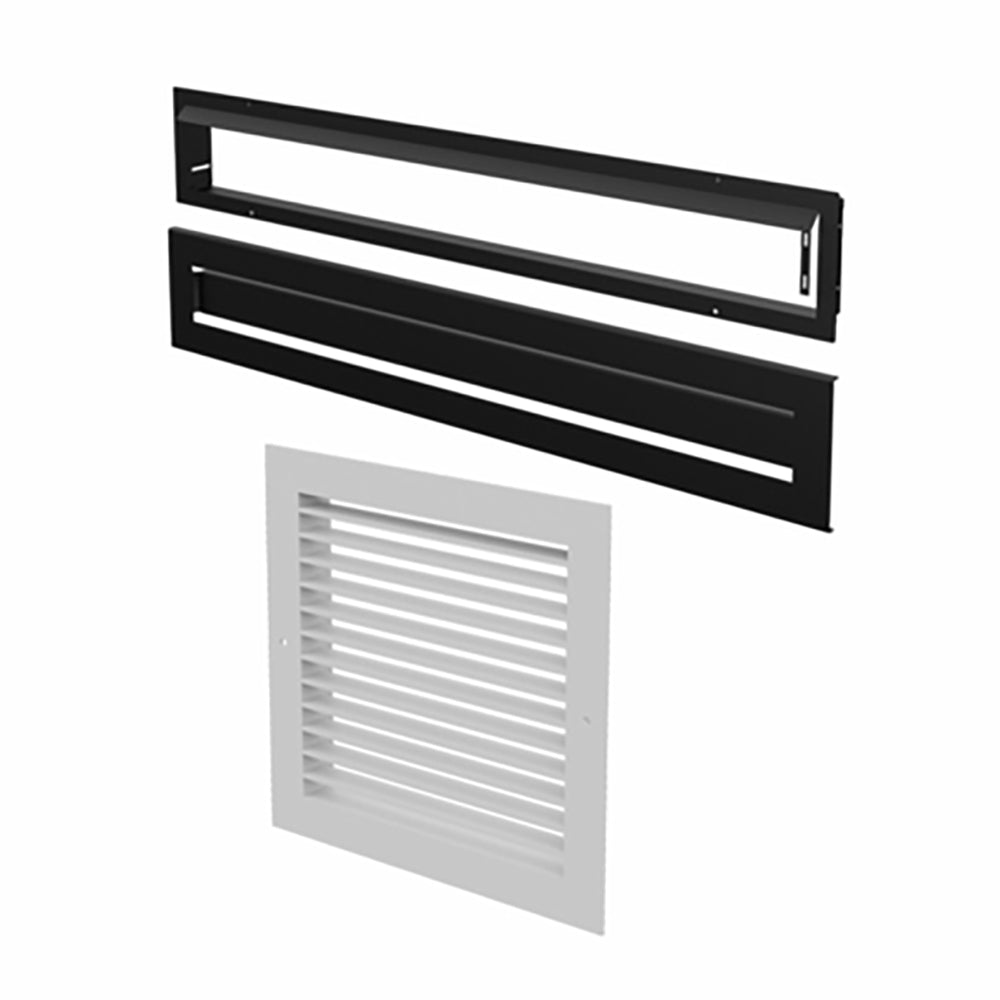 Fireplace air circulation grille with black frame and horizontal slats