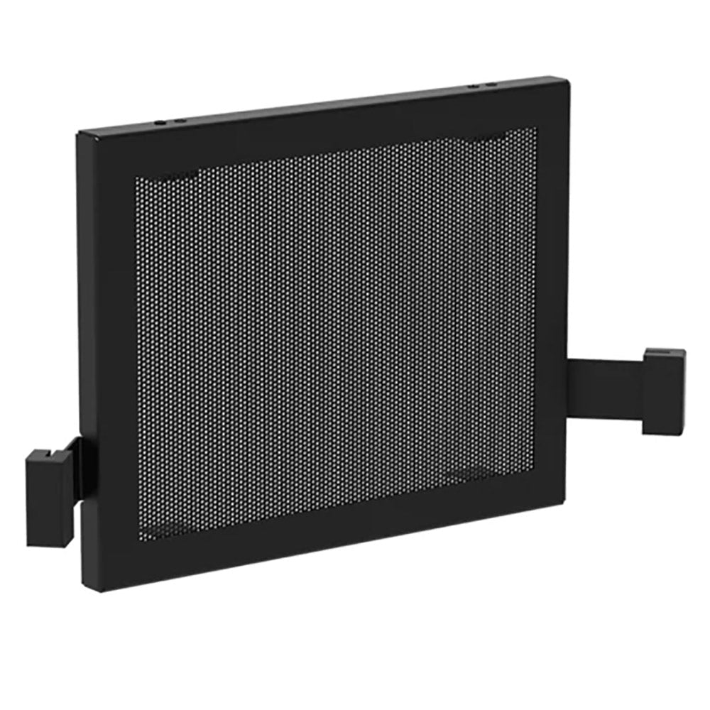 Wood stove fire screen, black metal mesh panel with rectangular frame and side brackets