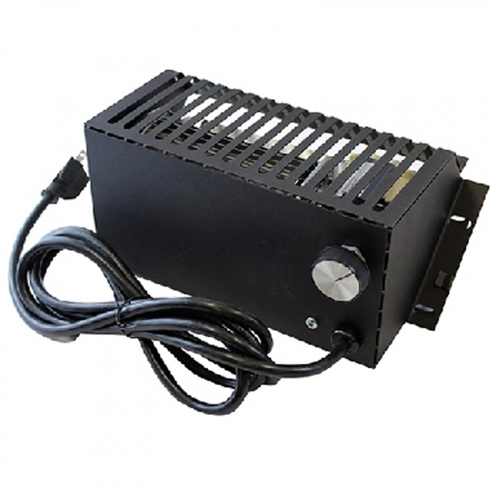 Black electric stove blower with vented housing and attached power cord