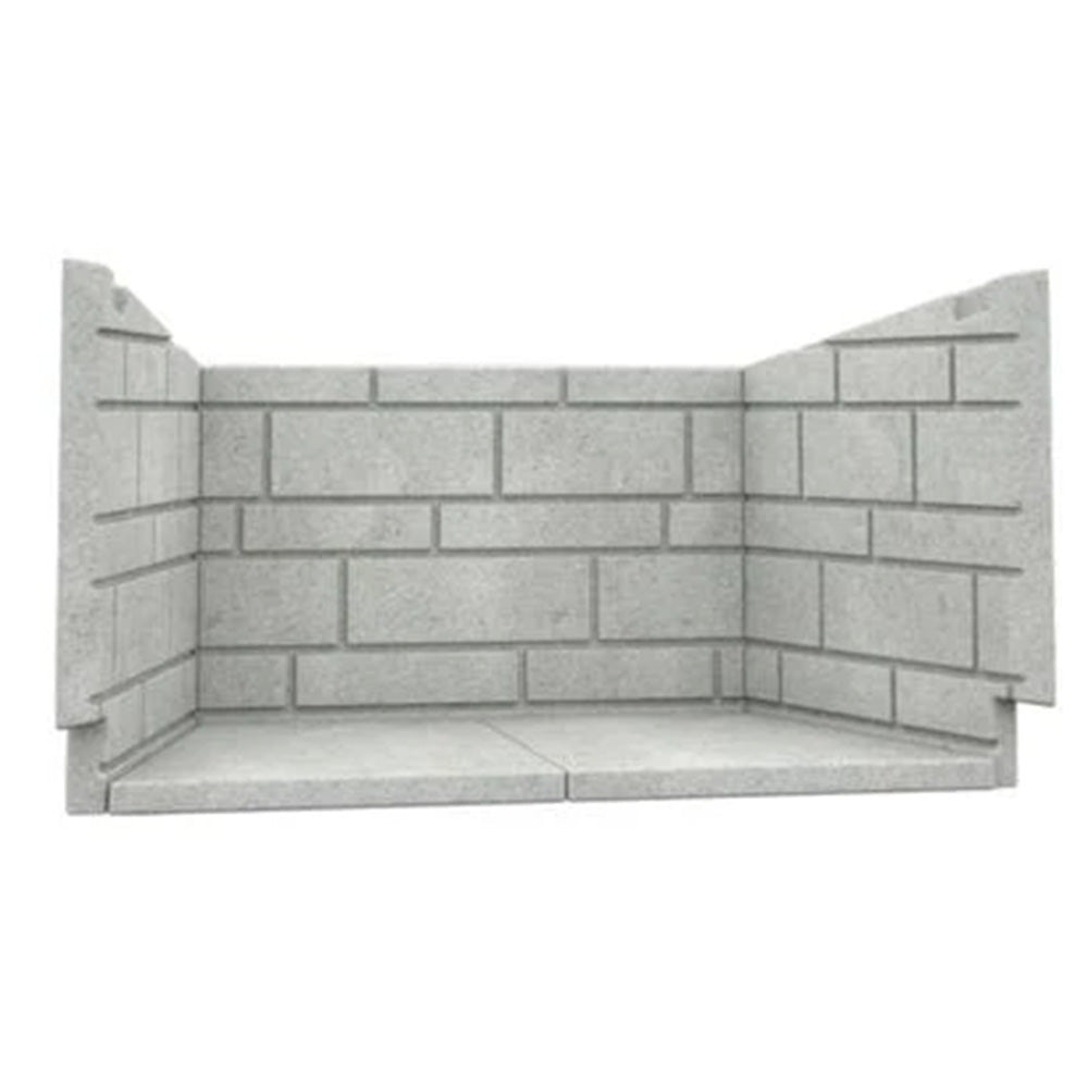 Gray molded refractory brick corner panel set with interlocking side edges