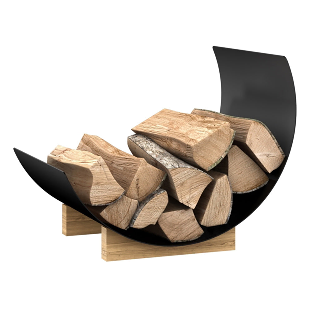 Osburn Fusio log holder with curved black steel base holding split firewood logs