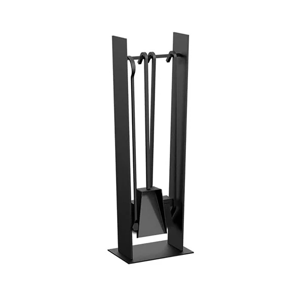 Black metal fireplace tool set stand with three tools