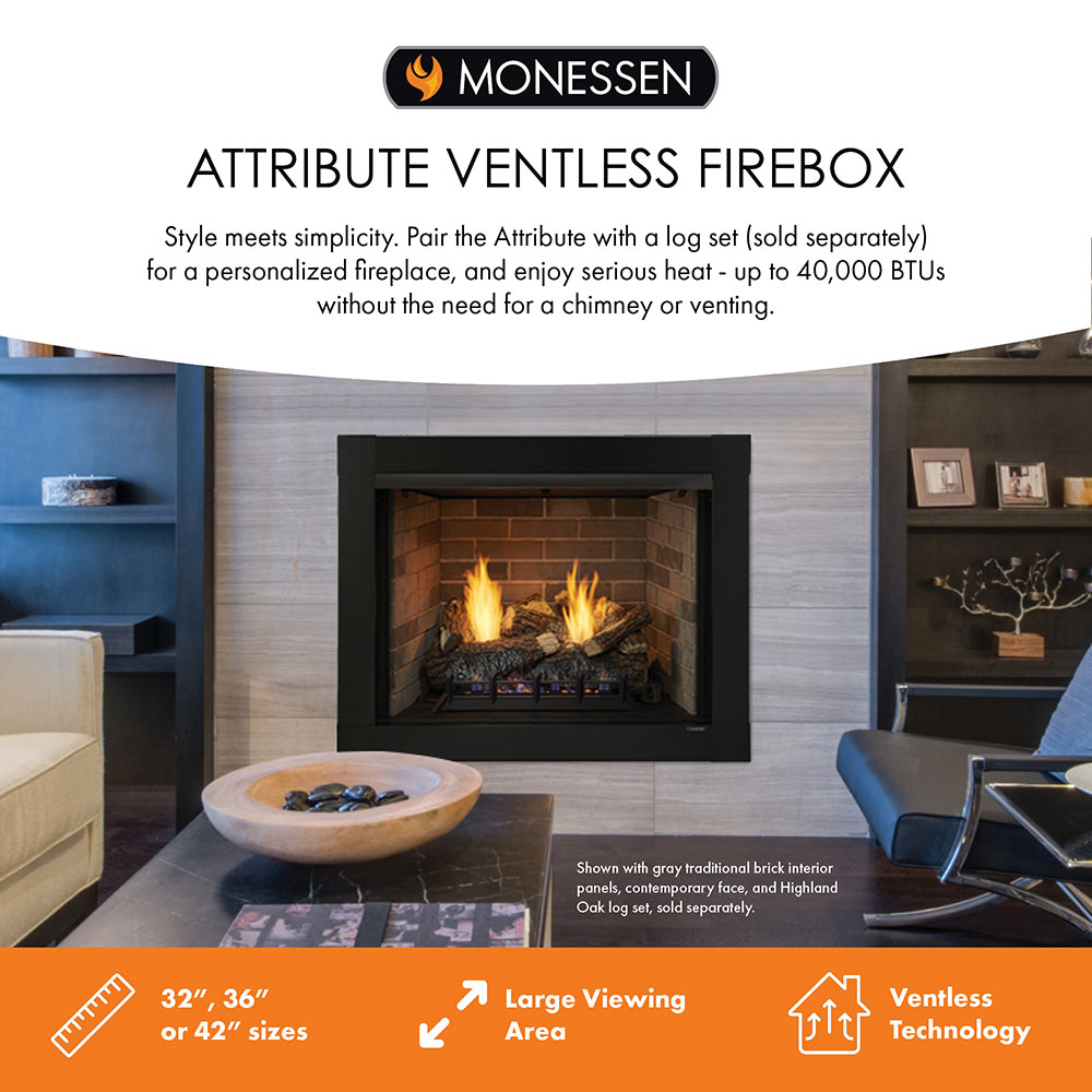 Monessen attribute ventless firebox brochure graphic with fireplace opening and flames
