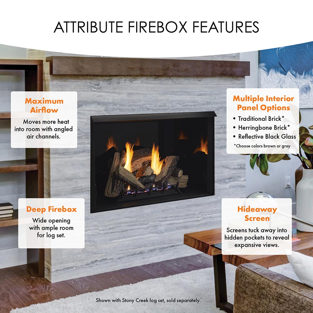 Attribute firebox features graphic with fireplace opening and burning gas logs inside