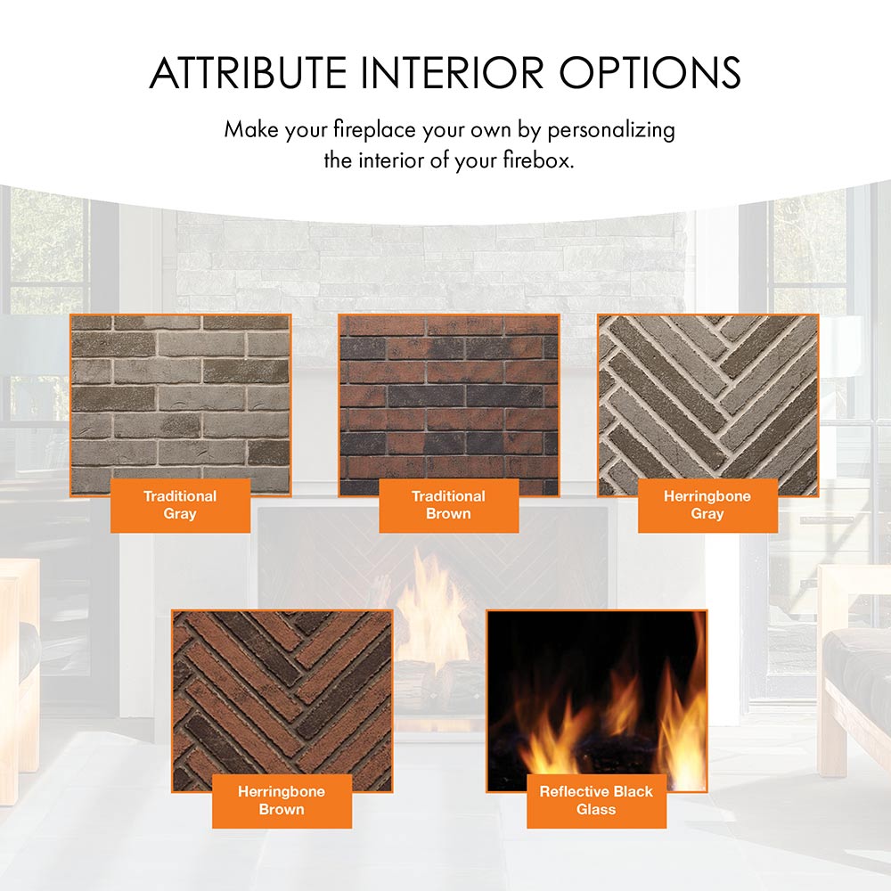 Attribute interior options graphic showing brick colors and reflective black glass