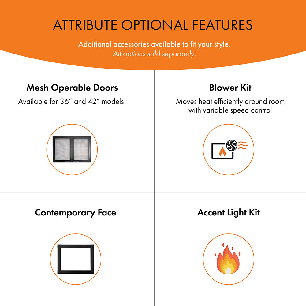 Monessen attribute optional features chart with mesh doors, blower kit, and accent light icons