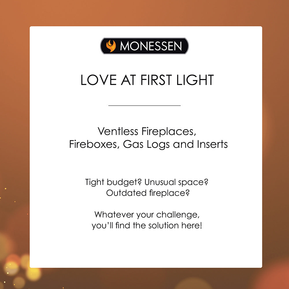 Monessen ventless fireplace brochure card reading “Love at first light”