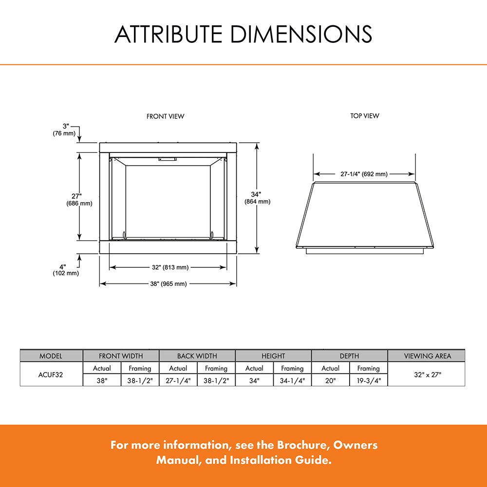 Attribute dimensions diagram with front and top view measurements for firebox ACUF32