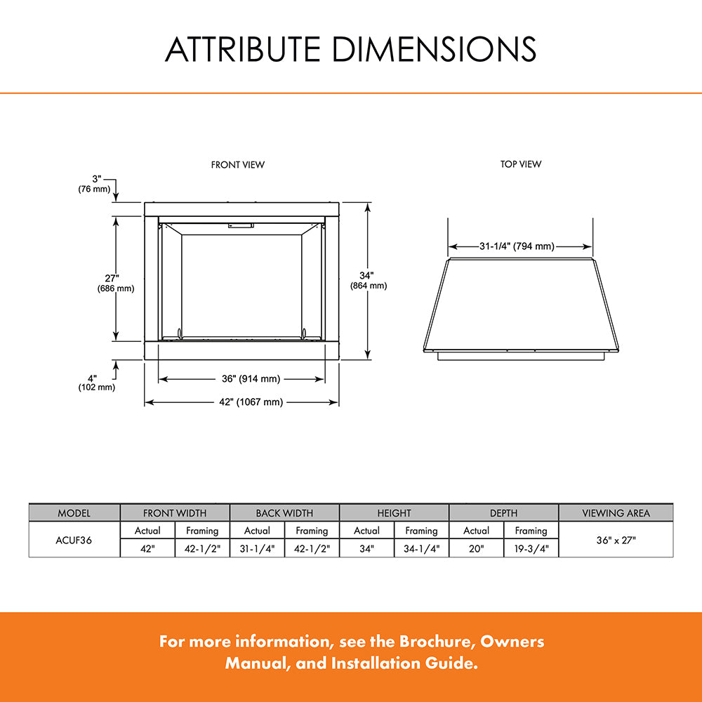 Monessen attribute dimensions diagram for front and top views of the firebox