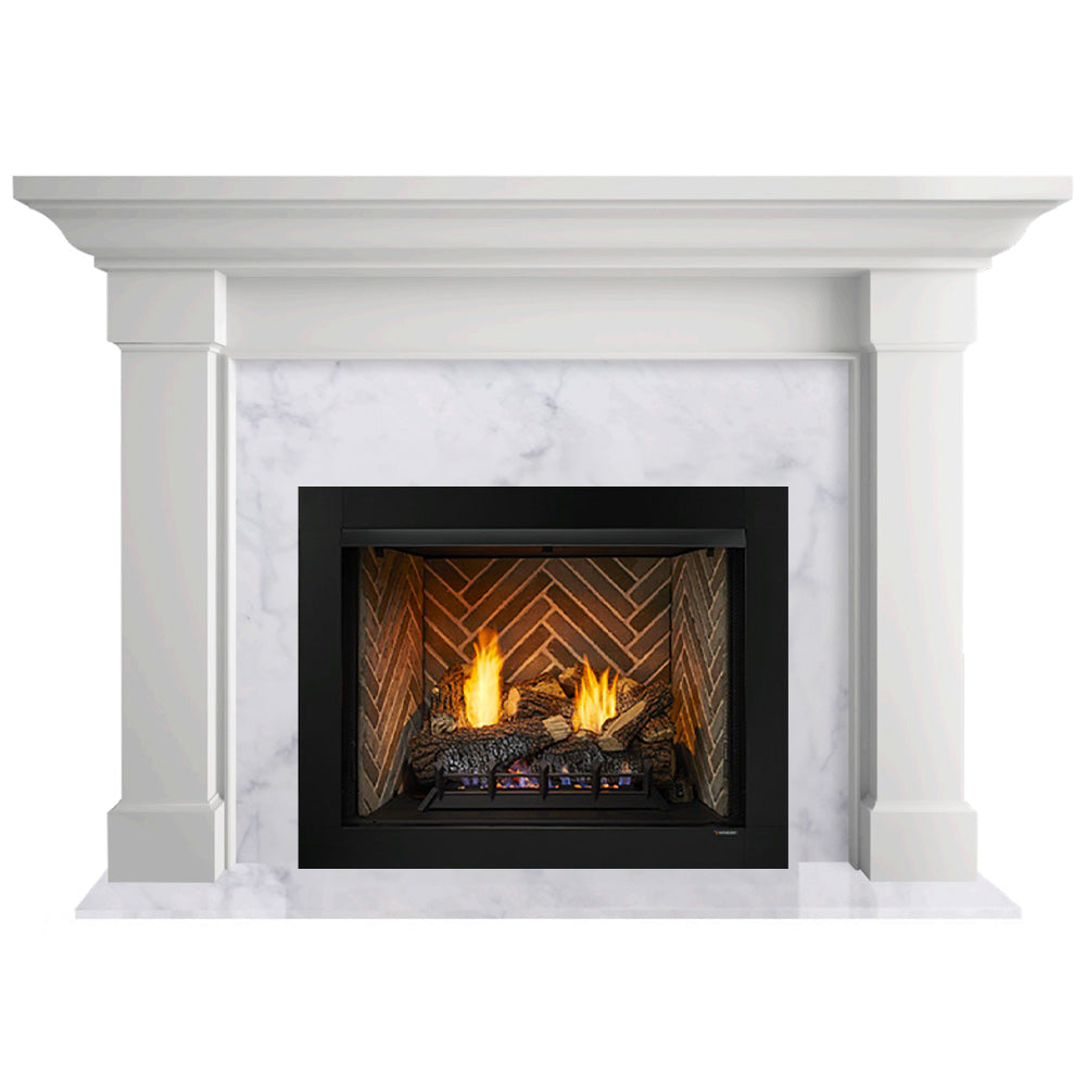 White flush wood fireplace mantel with vent-free firebox and visible flame logs