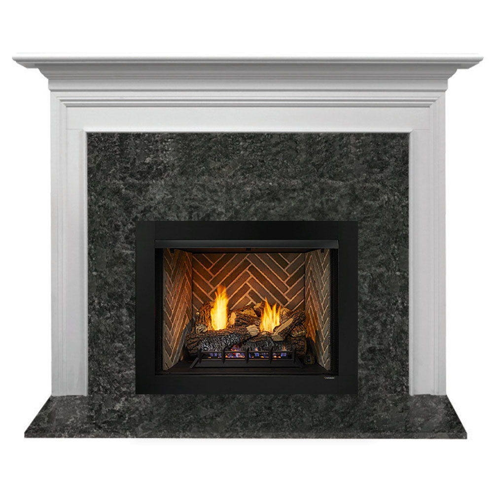 White flush mantel with dark stone surround and inbuilt gas firebox with orange flames