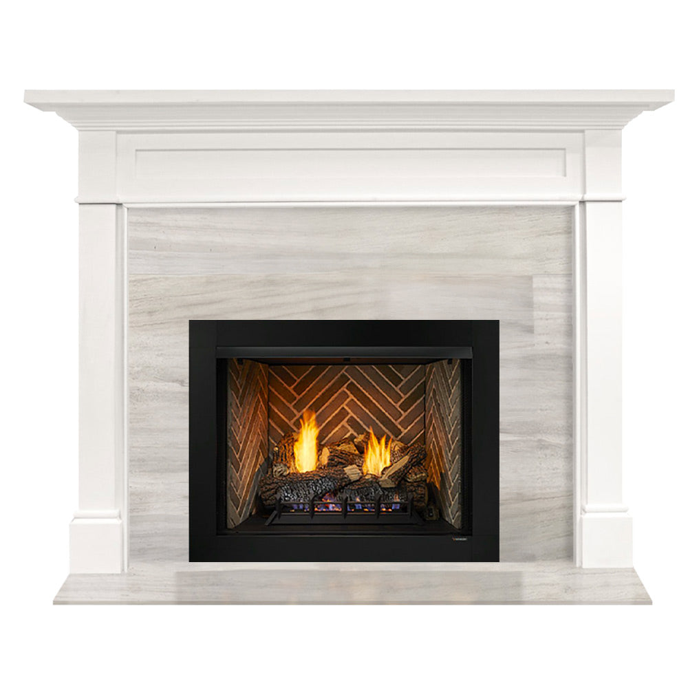 White flush mantel with vent-free firebox and log set, flame visible in front opening