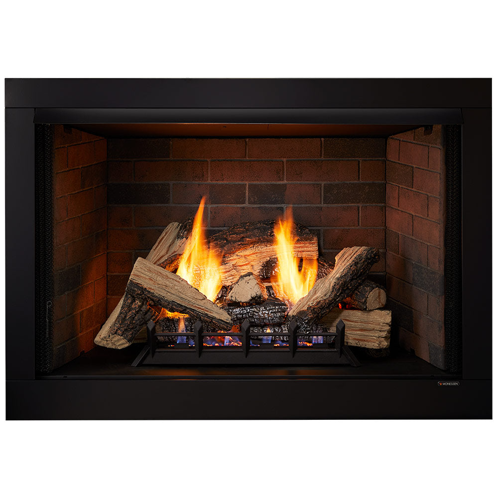 Monessen vent-free circulating firebox with gas log set, black frame and burning logs