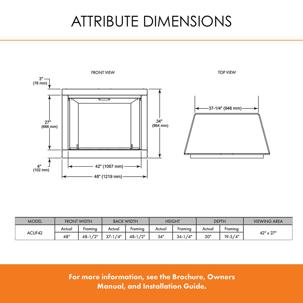 Monessen attribute dimensions diagram showing front and top views with measurements