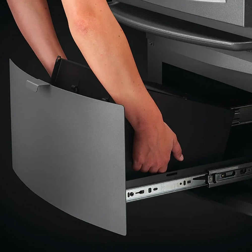 Napoleon gray metal ash drawer panel for S25 wood stove, shown being inserted