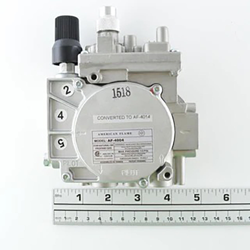 Electronic gas valve base with manufacturer label, numbered ports, and control fittings