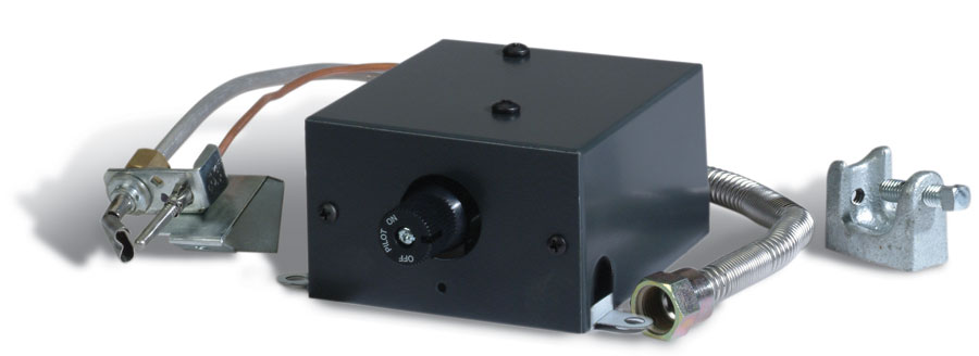 Manual on/off gas valve kit with black control box and metal mounting fittings