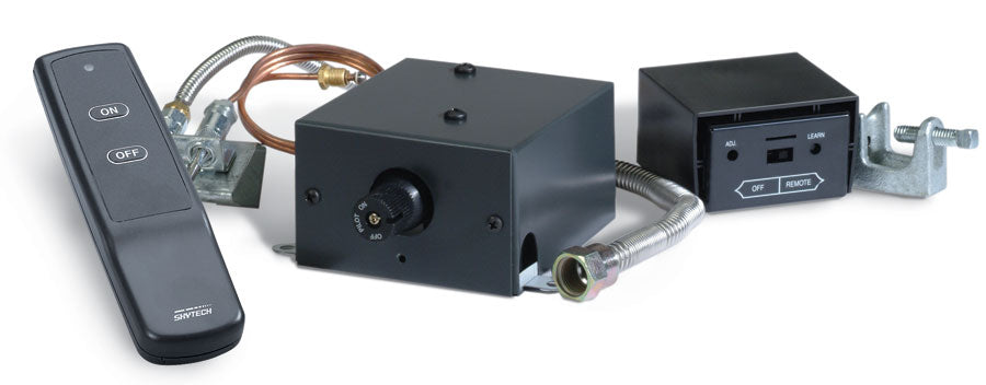 Gas valve kit with remote and control module, wiring, and mounting fittings