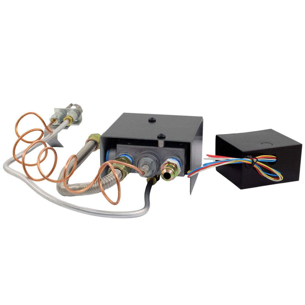 Manual gas valve kit with wiring harness, black control module and connector boxes.