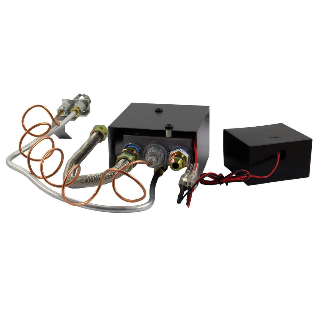 Manual on/off gas valve kit components with control module, wiring harness, and solenoid