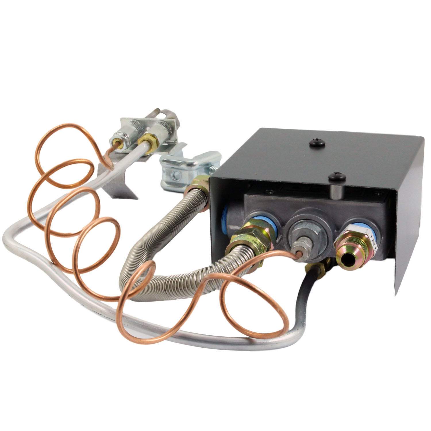 Manual gas valve kit with open control housing, wiring leads, and metal threaded connections