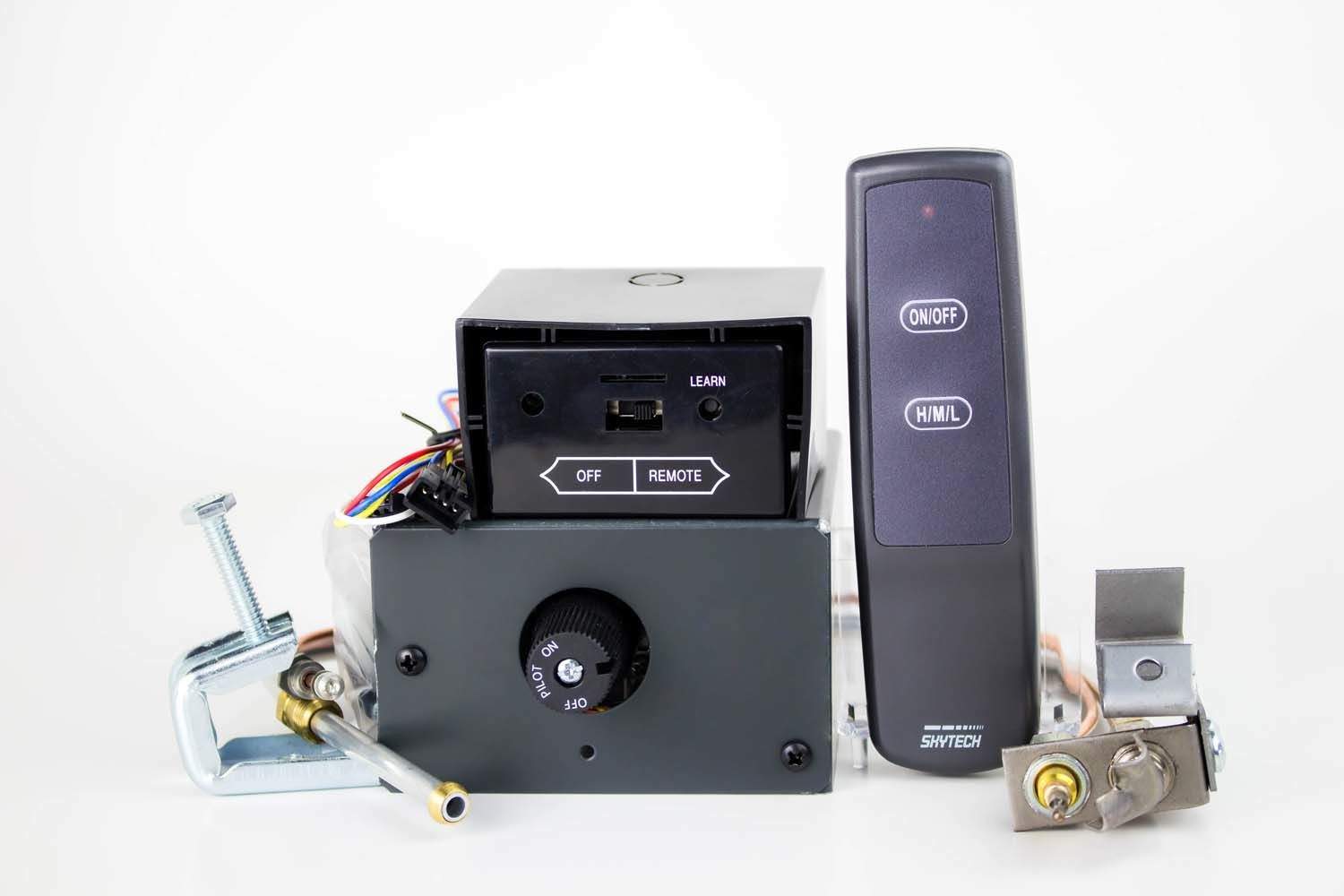 Skytech manual on/off gas valve kit with handheld remote, wiring, and control knob
