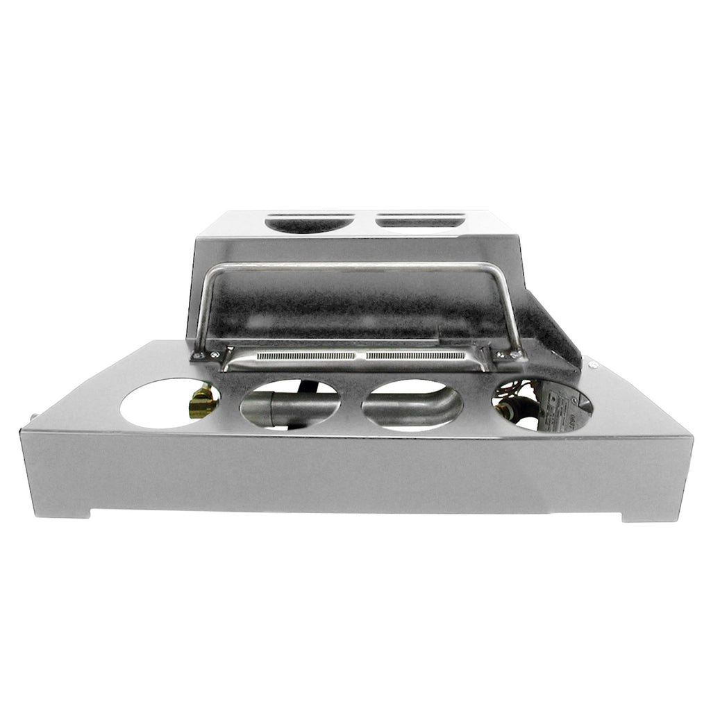 Stainless steel burner head with ventless firebox and control openings