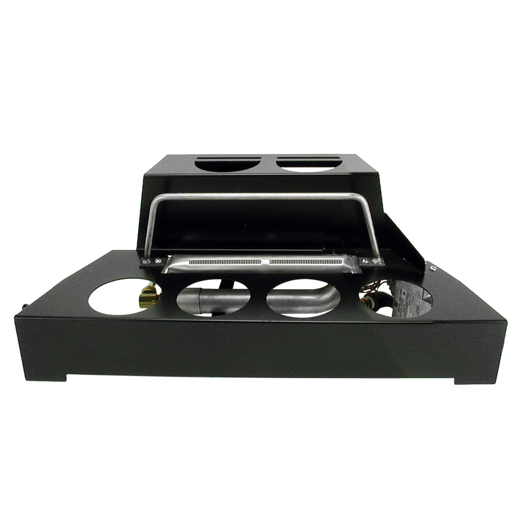 Ventless burner kit with rust-brown fireballs on a black metal tray