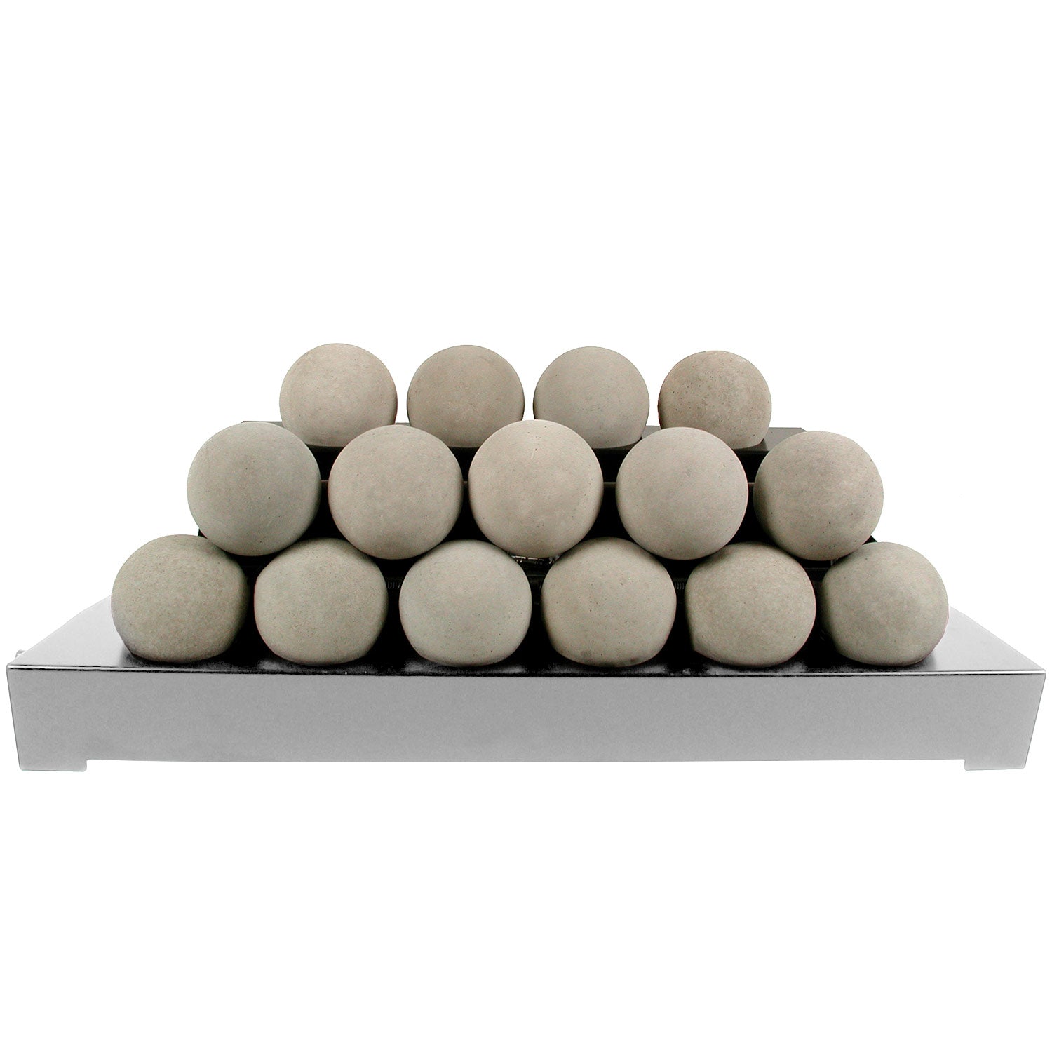 Stainless steel burner kit with 15 light grey FireBalls on rectangular tray