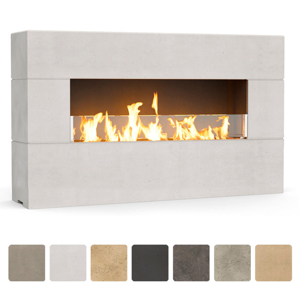 Outdoor linear gas fireplace with light stone surround and flames in front window