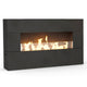 Outdoor linear gas fireplace in dark charcoal with flames behind front glass opening