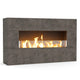 Outdoor linear gas fireplace with dark gray stone surround and flame viewing window