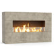 Outdoor linear gas fireplace with speckled light stone surround and burning flames visible
